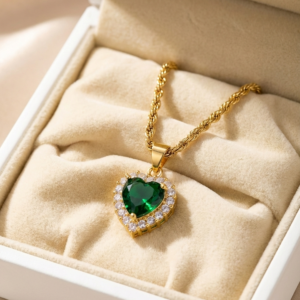 Cadena Cordón con Dije Corazón y Piedra Verde