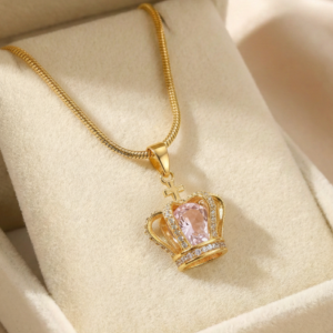 Cadena Eslabón con Dije Corona y Piedra Rosada